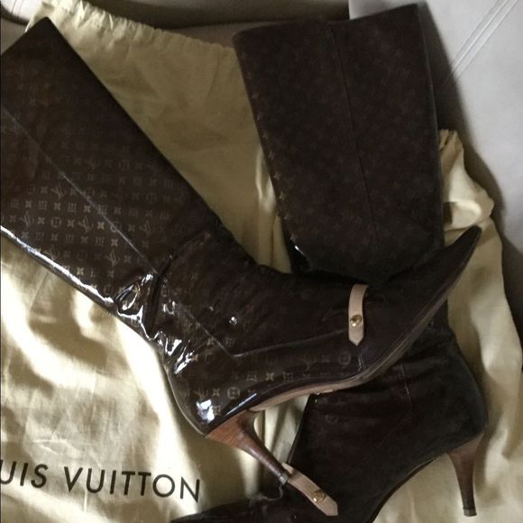 Louis Vuitton Shoes - LV brown gold Gina mono patent boots 41 (fits 10)